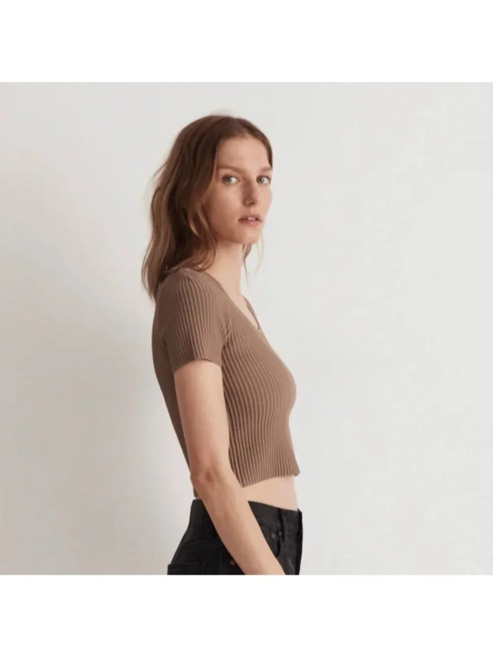 Madewell Ottoman Crop Sweater Tee Shirt Top Ribbed in Light Umber Brown L - Picture 2 of 6